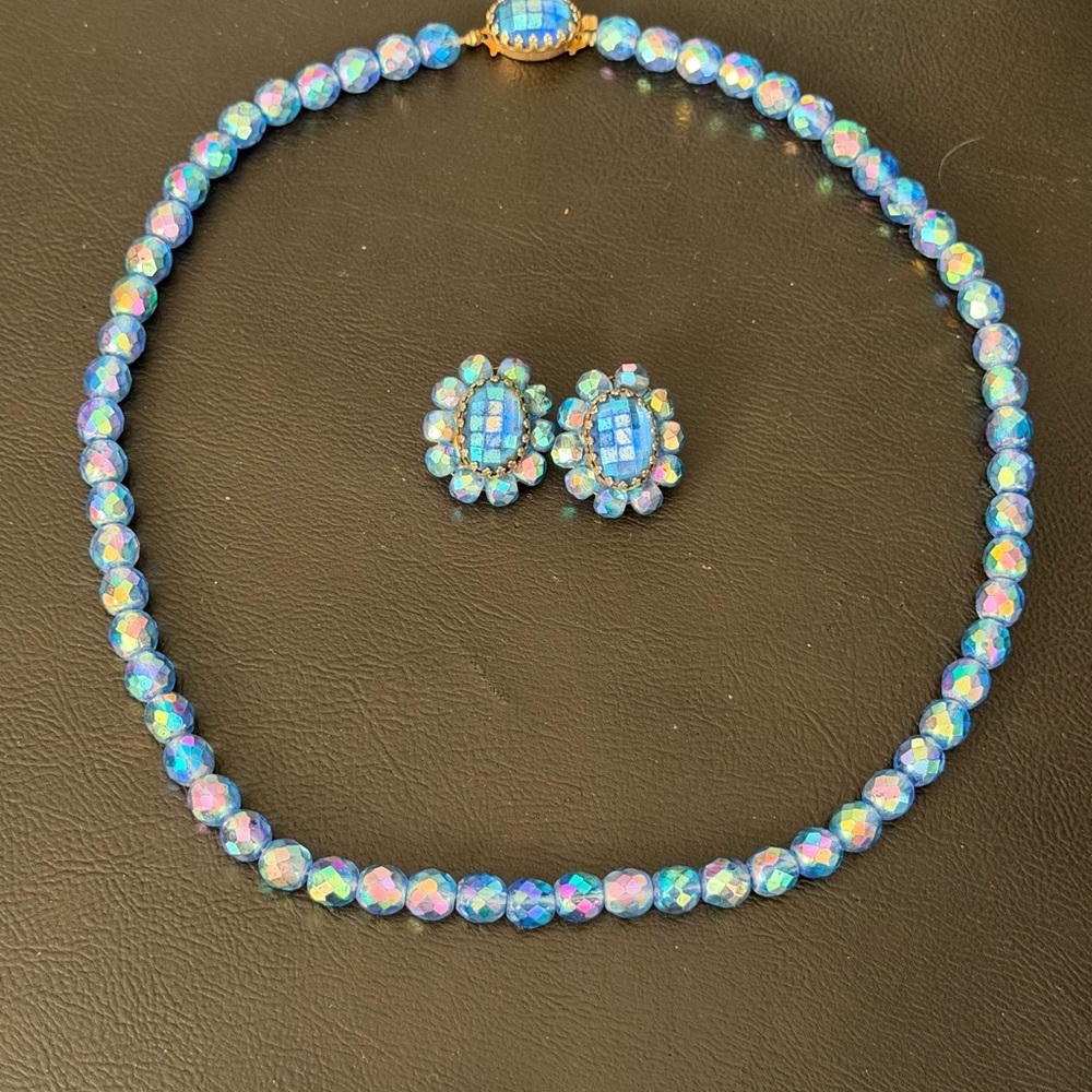 Vintage Glass Bead Blue Iridescent Coated necklace & clip earring Set 1950s Rare